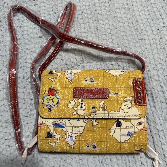 Sharif Yellow and Brown Map Print Crossbody Bag - Picture 1 of 5